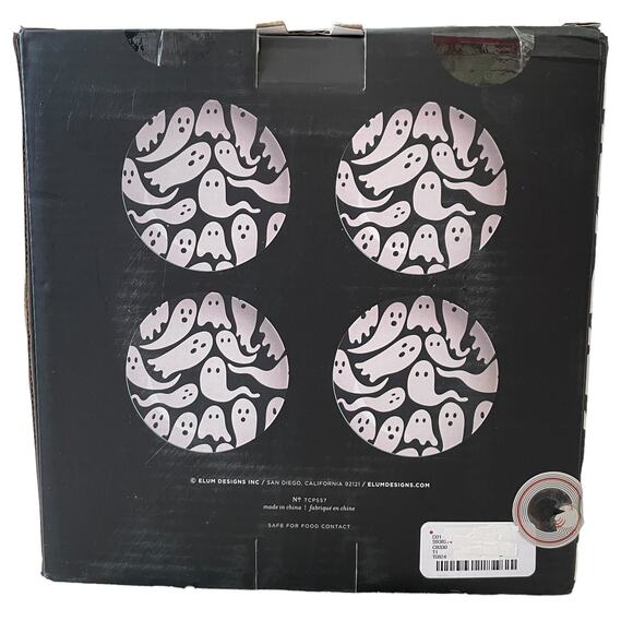ELUM HOME Spooky Halloween Ghost Appetizer Plates Set of 4 Black & Cream NIB - Picture 5 of 13